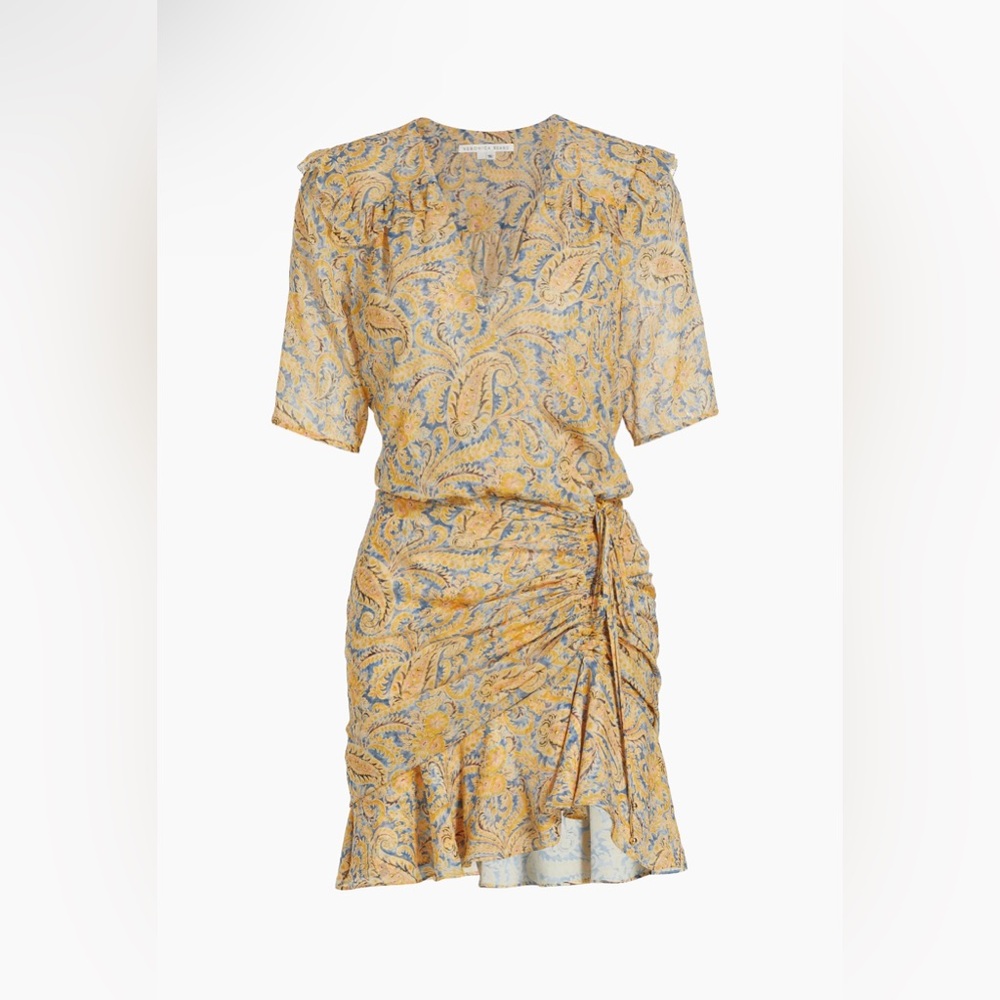 Veronica Beard Yellow and Blue Paisley Wrap-Style Mini Dress